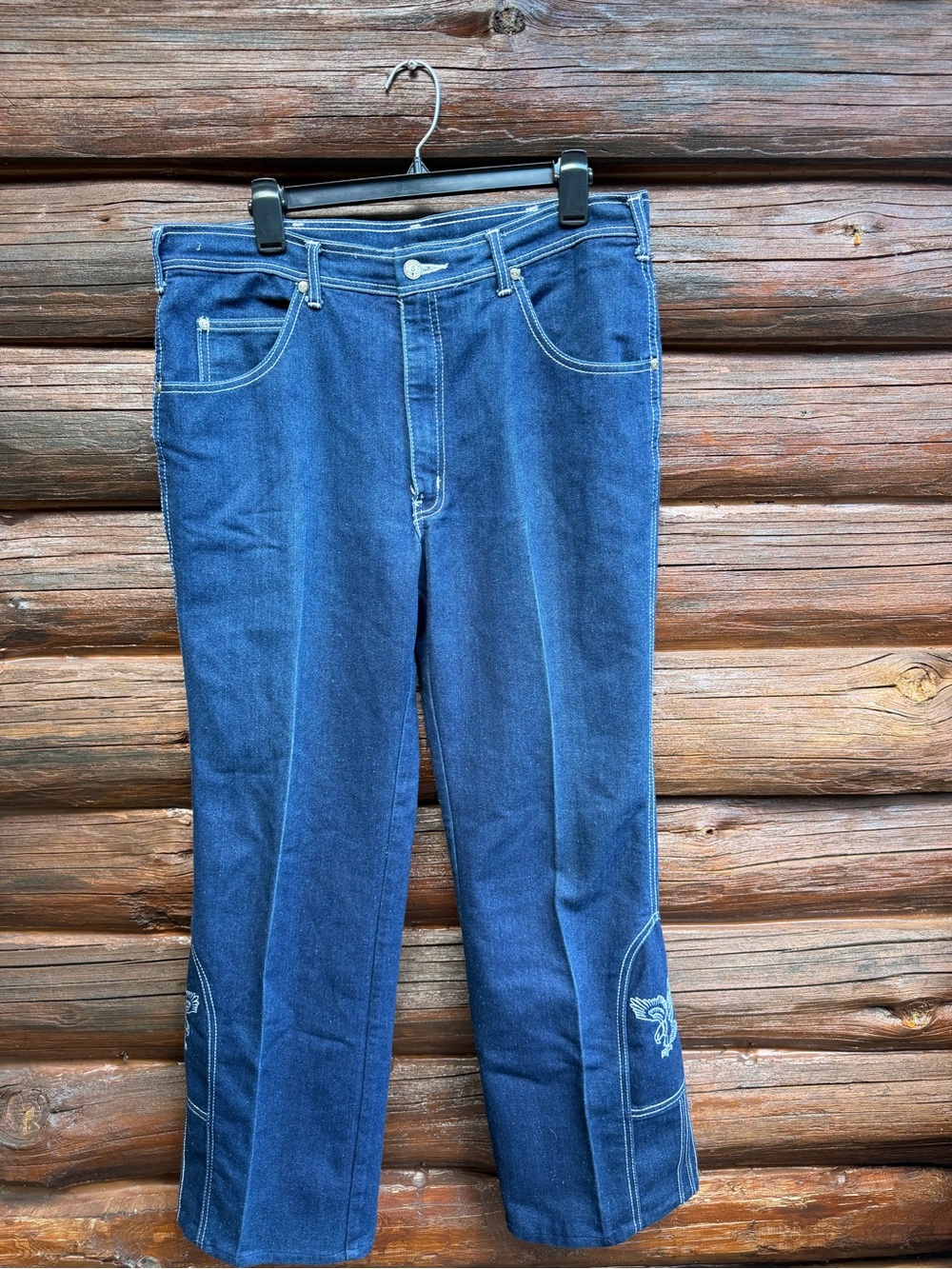 Vintage Sheplers Rodeo Western Boot Cut Denim Jeans Embroidered Eagle Size 36